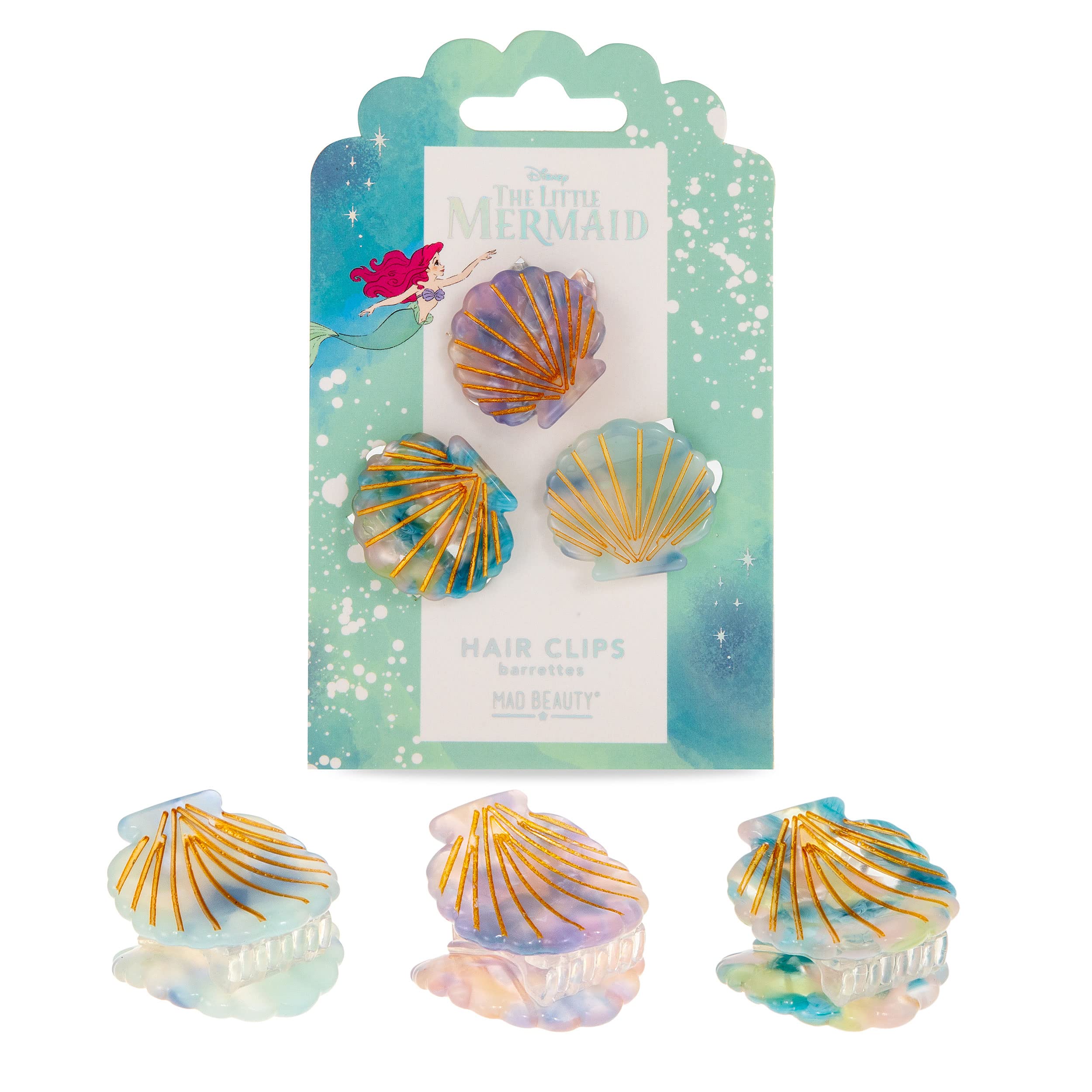 The Little Mermaid Hair Claw Clips x3 Disney | Mad Beauty | Ariel Seashells Blue Pink Shape Jaw Clips, Cute Hair Accessory for Curly & Wavy Styles | Gifts for Women, Adults, and Kids
