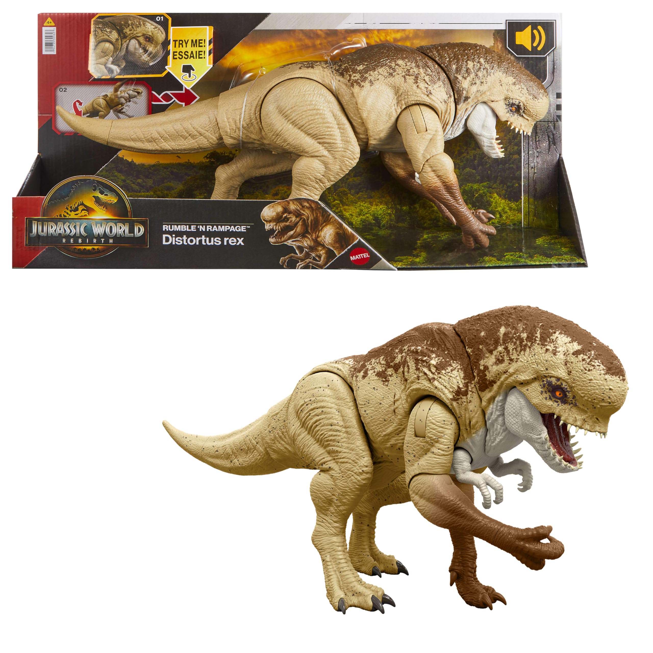 Mattel Jurassic World: Die Wiedergeburt Bösewicht Dino Doppelattacke Dinosaurier-Actionfigur, 56 cm, mit 2 Angriffsaktionen, originalgetreu, digitales Spiel, JJP79, [Mehrfarbig]
