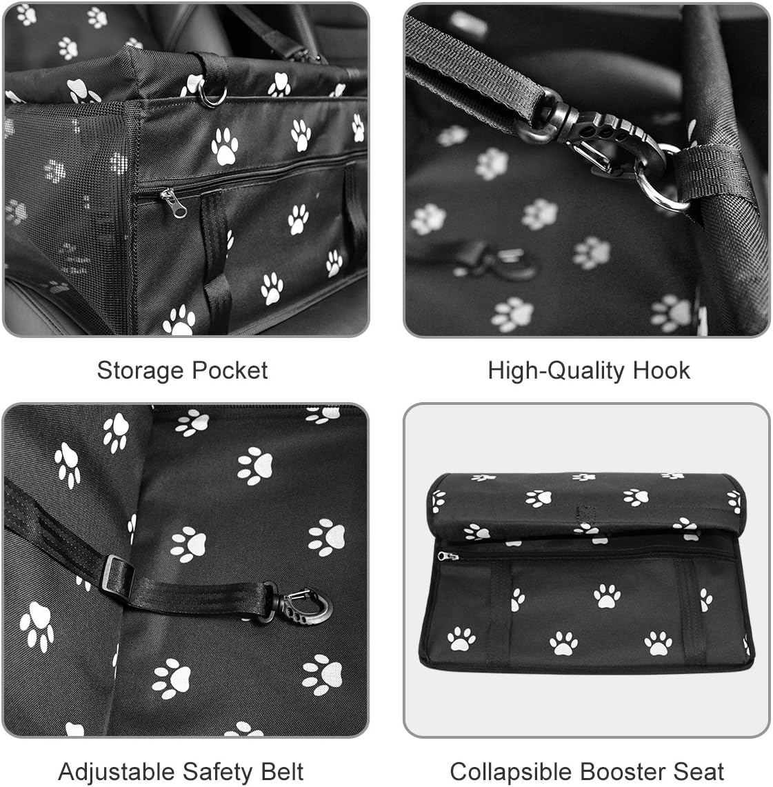 HIPPIH Collapsible Pet Booster Car Seat - 2 Support Bars, Portable Small Dog Cat Car Carrier with Safety Leash and Zipper Storage Pocket (Black with paw Prints) : Pet Supplies