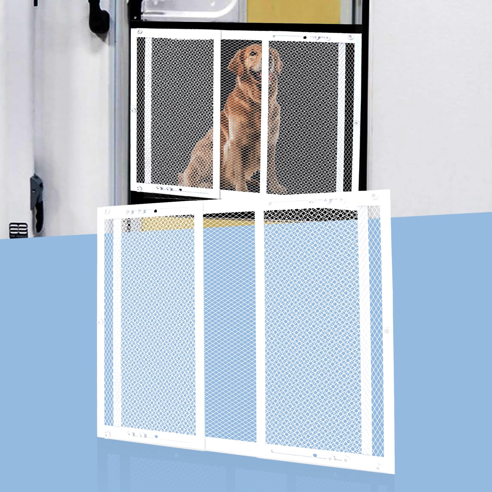 Photo 1 of LCGAOYA Aluminum RV Entry Screen Door Protector Grille for Dogs, Adjustable RV Screen Door Guard - Fits Door Widths 22" - 31.5", RV Door Camper Screen Door Grill, White