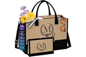 QLOVEA Initial Canvas Tote Bag Makeup Bag, Beach Bag with Zipper, Personalized Mothers Day Gifts for Mom Grandma