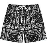 Wlizszu Men's Boho Tribal Paisley Print Drawstring Waist Summer Beach Hawaiian Cool Graphic Shorts with Pockets Black