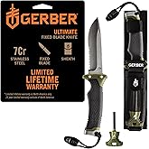 Gerber Ultimate Fixed Blade Knife w/Sheath, Knife Sharpener, Ferro Rod | stocking stuffers, gifts for men, Bushcraft &amp; hunting knife, combo edge blade, sheath, knife sharpener, fire starter,EDC tool