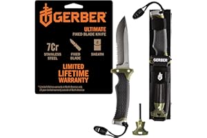 Gerber Gear Ultimate Survival Knife, Fixed Blade Knife with Combo Edge, includes Fire Starter Edge and Ferro Rod, Whistle, Sheath with Integrated Sharpener - Bushcraft, Hunting and Camping Tool