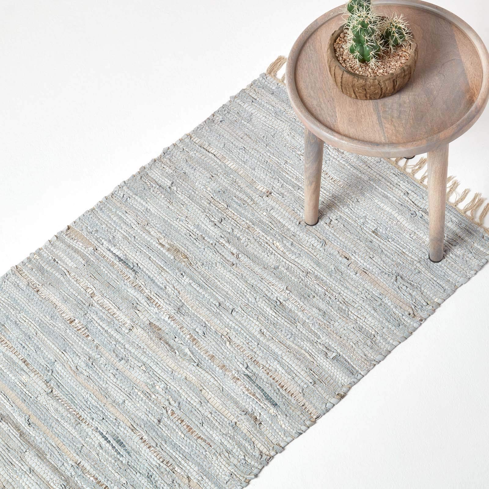 HOMESCAPES Leather Glitter Runner - Natural Grey and Silver - 66 x 200 cm