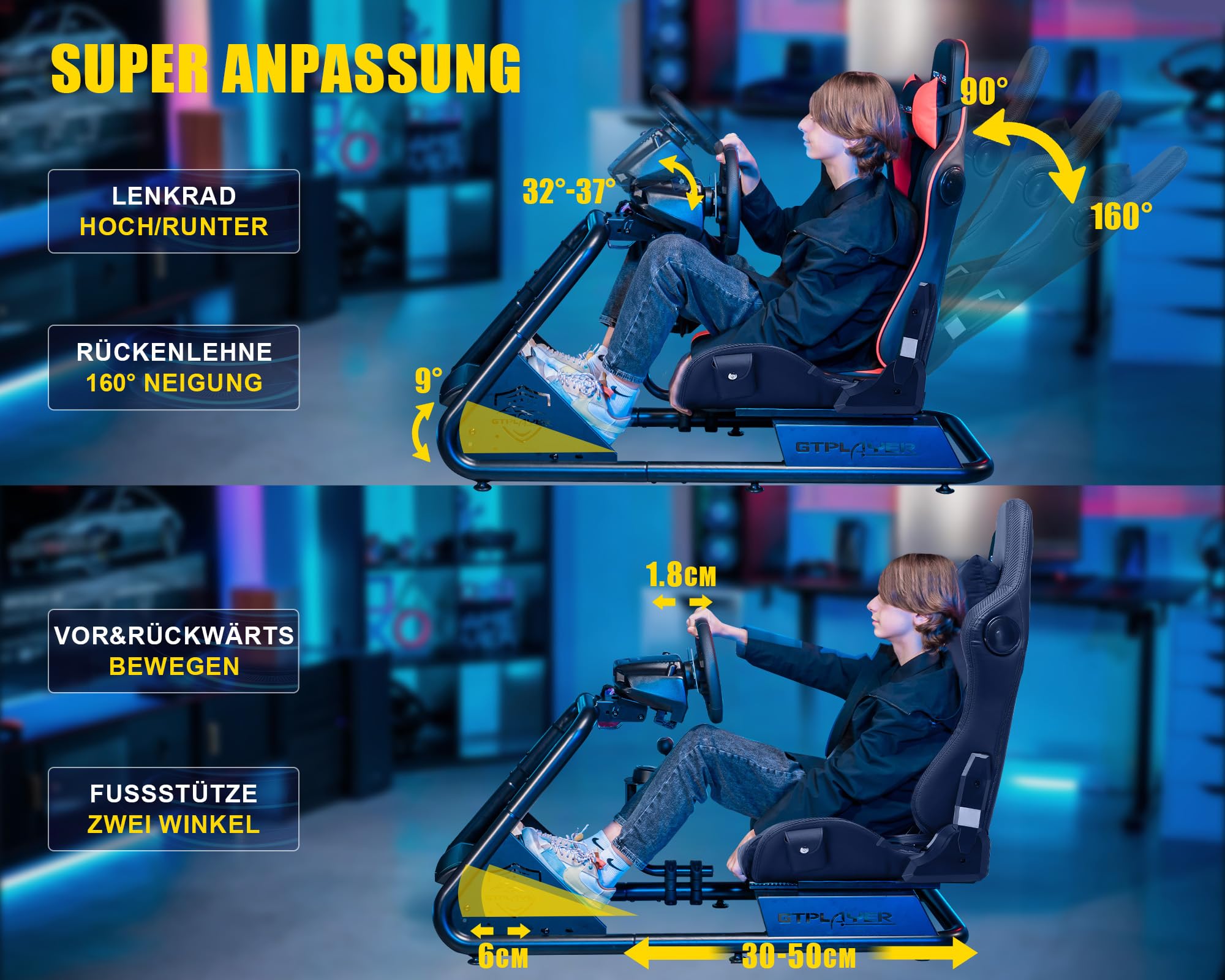 GTPLAYER Simulator Cockpit, SIM Racing Cockpit, rennsimulator lenkradständer mit Lautsprechern, Lenkrad und Pedalablage 3
