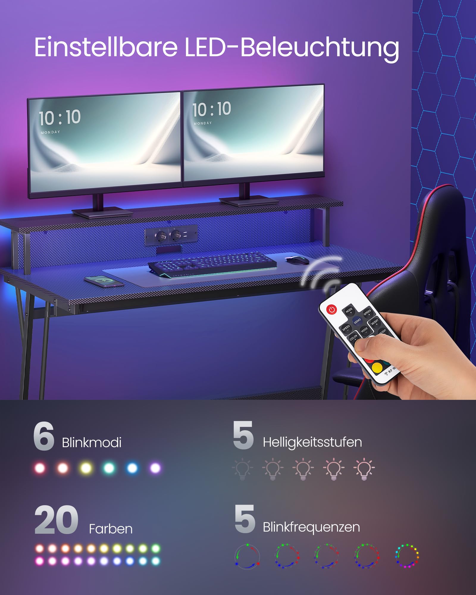 VASAGLE Schreibtisch, Gaming Tisch mit eingebauter Steckdosenleiste, Computertisch, mit Monitorständer für 2 Monitore, Schlafzimmer, 60 x 120 x 76 cm, rußschwarz LWD192B02 5