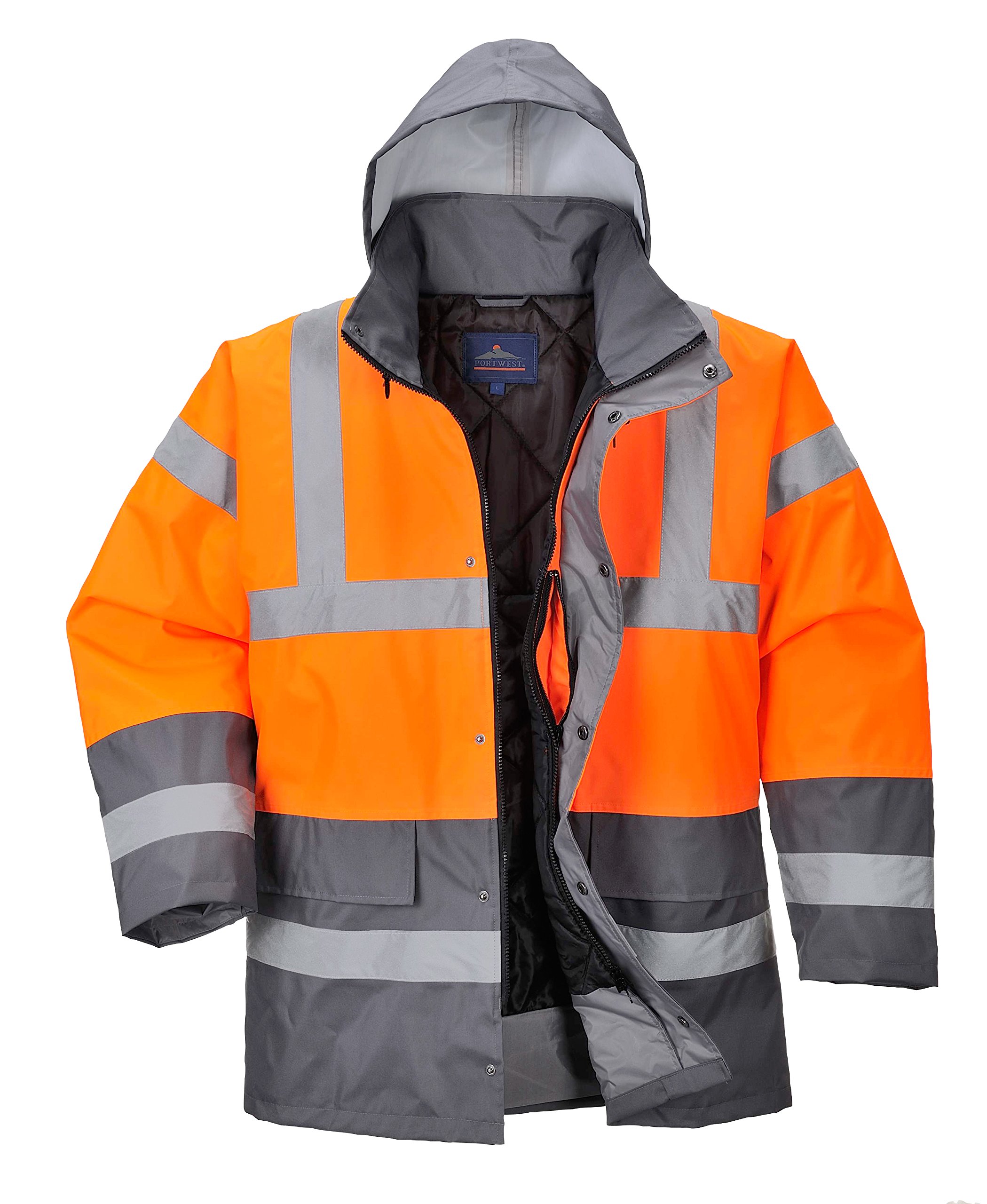 Portwest S467 Men's Hi Vis Contrast Winter Traffic Jacket EN342 CE Certified Waterproof Quilt Lined Storm Flap Reflective Tape Hood Safety Coat, Orange/Grey, XL