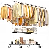 Luxspire Double Rod Clothing Racks for Hanging Clothes Load 650 LBS, Silver | Zinc-iron alloy frame, 2-tier sturdy shelves, lockable silent wheels, adjustable extendable rods for bedroom &amp; laundry room