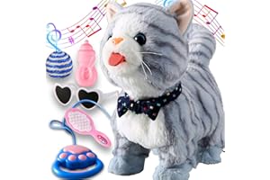 MARSJOY Gray Leash Walking Cat Set Interactive Talking Cat Singing Dancing Kitten Mimicking Repeat What You Say Kitty Touch and Voice Control Nodding Wagging Tail Plush Electric Kitty for Kid Gril