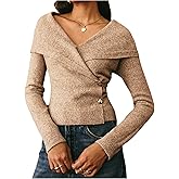 MakeMeChic Women's Wrap V Neck Sweater Metallic Button Long Sleeve Knitted Pullover Tops