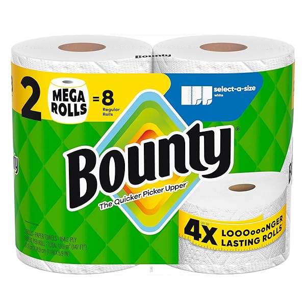 BOUNTY SELECT-A-SIZE PAPER TOWELS, WHITE, 2 MEGA ROLLS = 8 REGULAR ROLLS