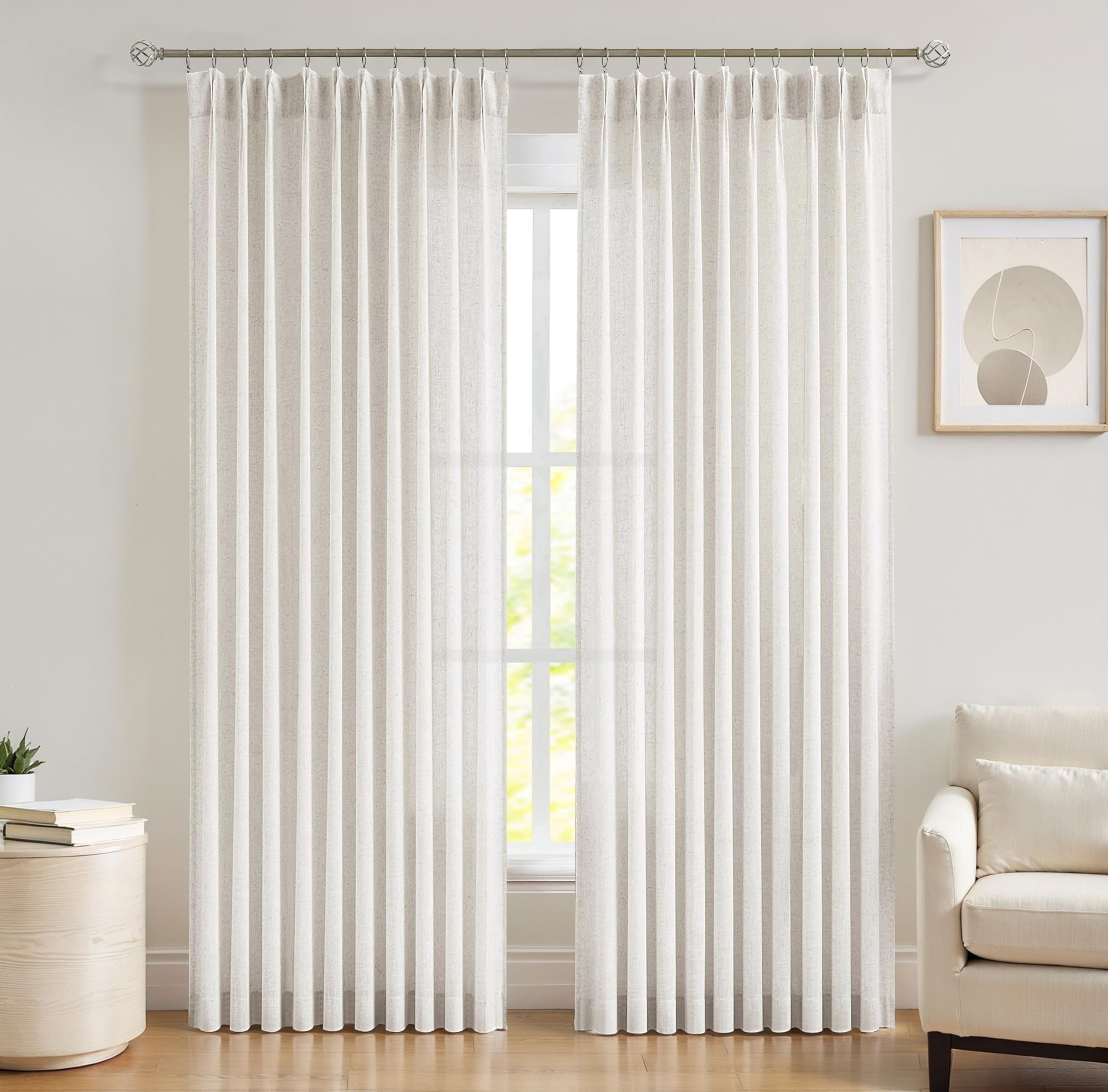 Photo 1 of Central Park Pinch Pleat Sheer Curtain Panels Linen Blend Slub Yarn Sheer 84 Inches Long Farmhouse Rustic Crude Window Drape for Living Room Bedroom, 60" Wx84 L, 2 Panels, Linen