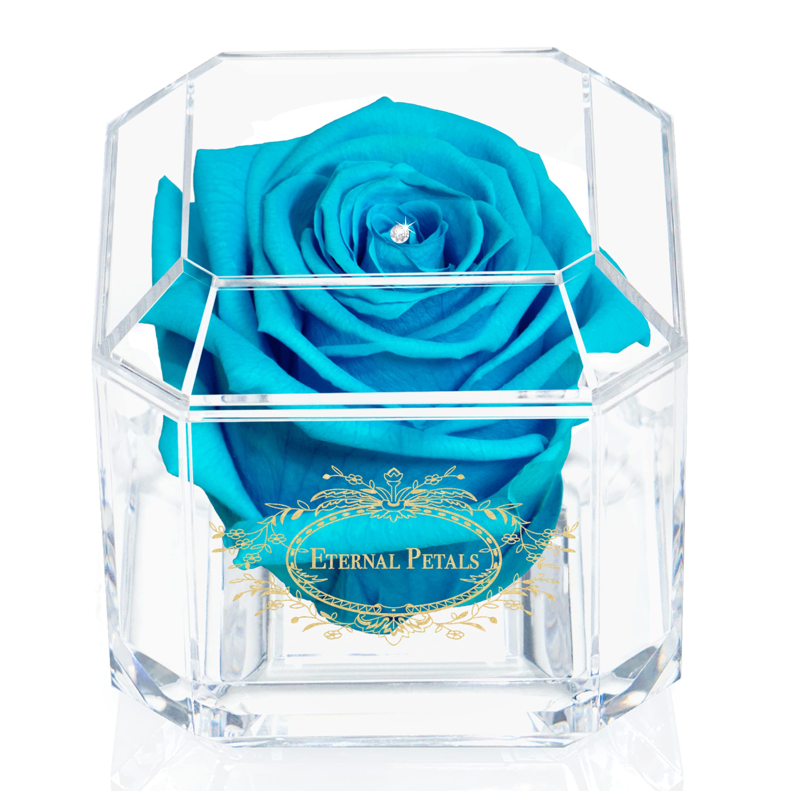 Eternal Petals A 100% Real Rose That Lasts Years, Handmade in UK – Gold Solo with A Multicolour Crystal (Blue Lagoon)
