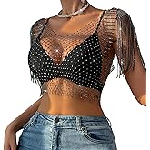 RARITYUS Women Sparkle Rhinestone Mesh Crop Top Sexy Fringe Shoulder T Shirt Hollow Out Crystal Tank Tops Party Clubwear
