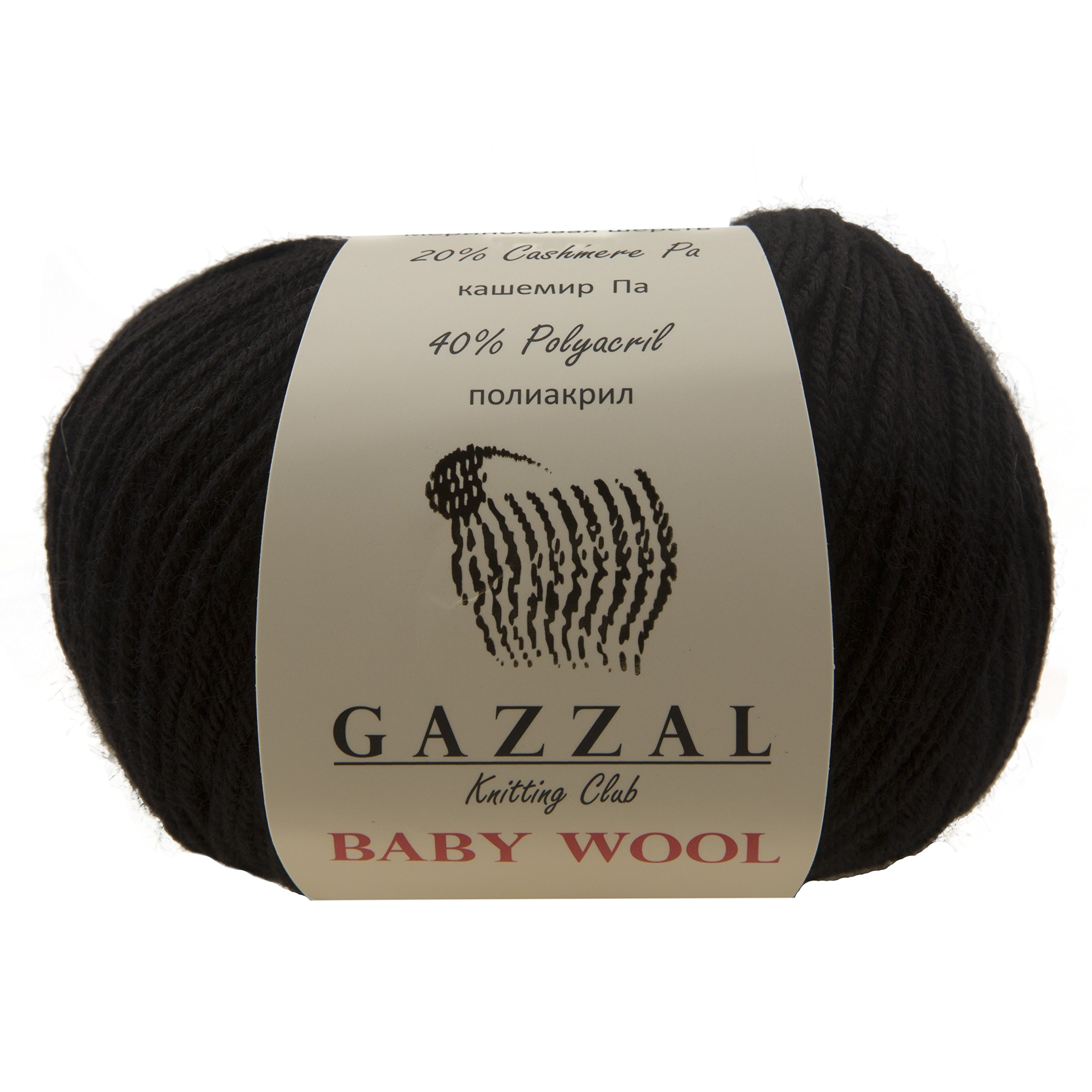 5 Pack - Gazzal Baby Wool 1.76 Oz (50g)/218 Yards (200m) Fine Baby Yarn, 40% Lana Merino, 20% Cashmere Type Polyamide; (Black - 803)