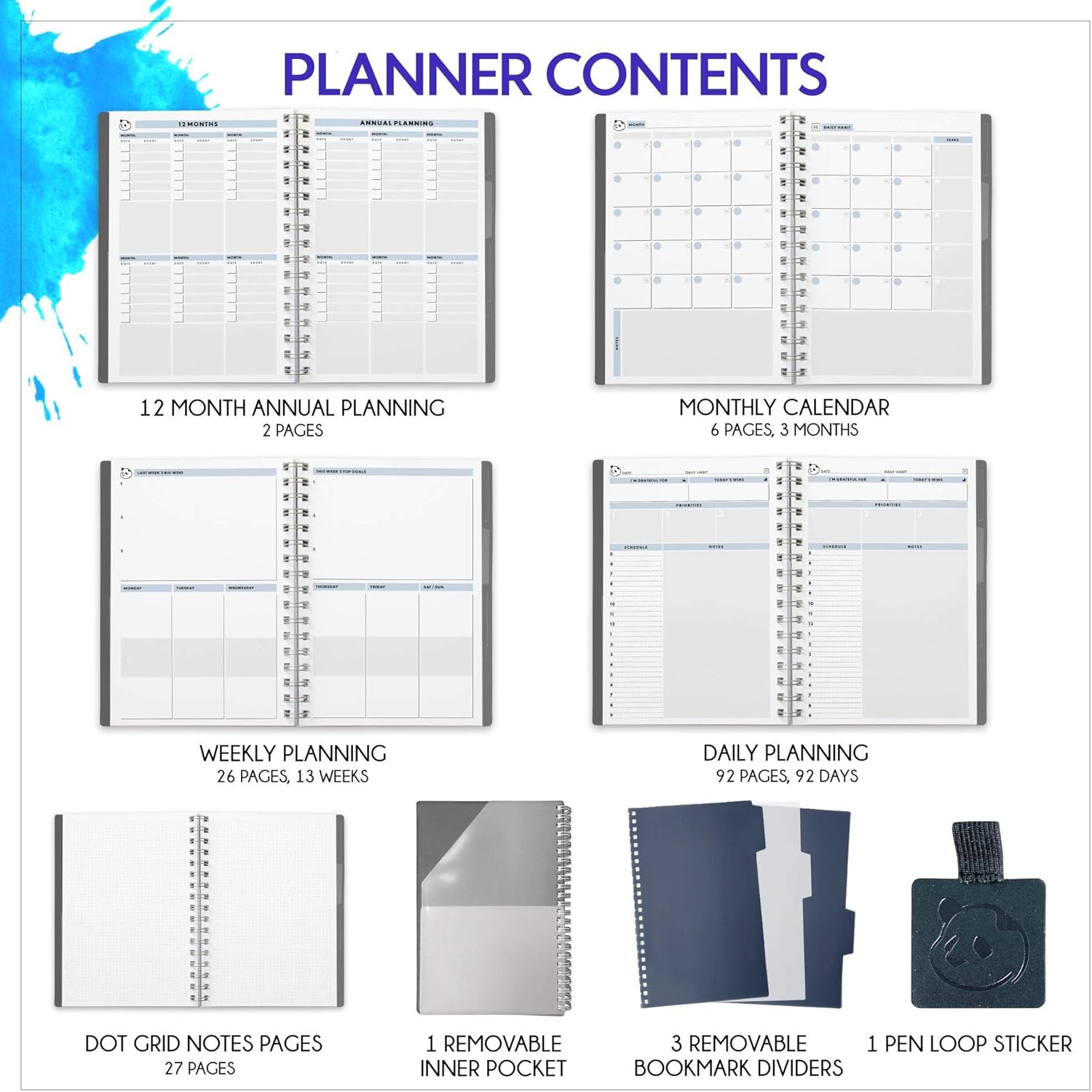 Daily Planner 2.0 - by Panda Planner 2020-2021 - Monthly Calendar, Weekly Organizer and Day Planner Sections - Undated and Wire Binding - 3 Month Planner - 8.25" x 5.75" - Gray : Office Products