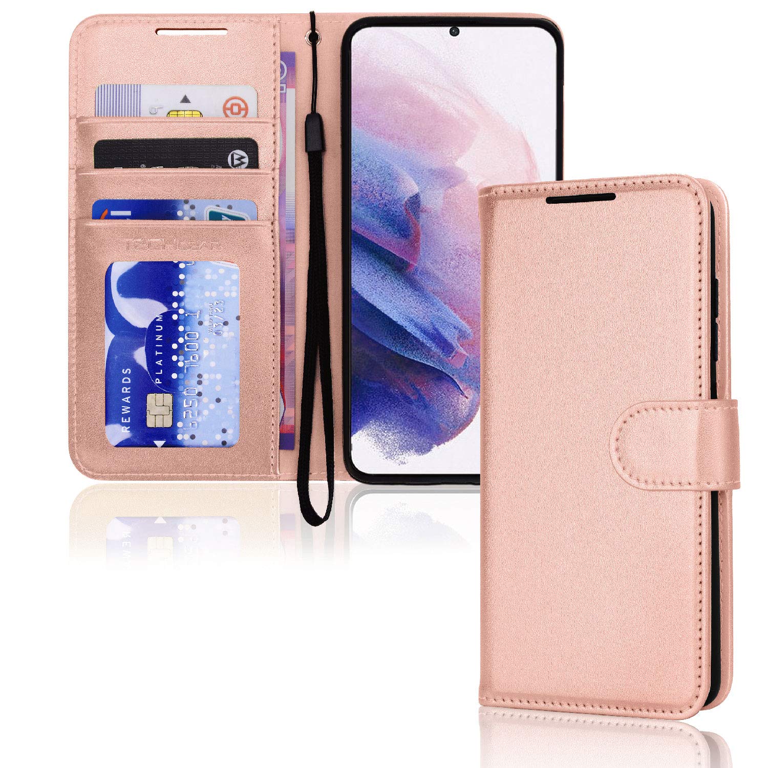 TECHGEAR Galaxy S21 Plus Leather Wallet Case, Flip Protective Case Cover with Wallet Card Holder, Stand and Wrist Strap - Rose Gold PU Leather with Magnetic Closure Designed For Samsung S21+ / S21+ 5G