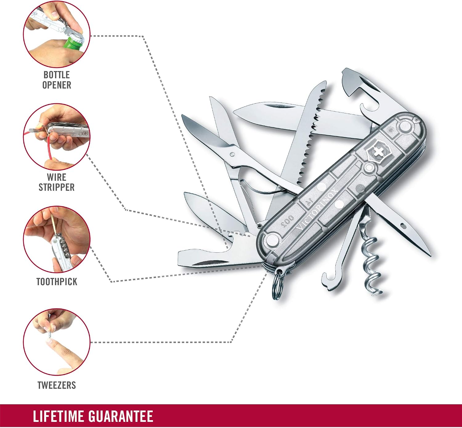 Victorinox Huntsman Swiss Army Knife, Medium, Multi Tool, Camping Knife, 15 Functions, Large Blade, Bottle Opener, Silver Transparent - Image 4