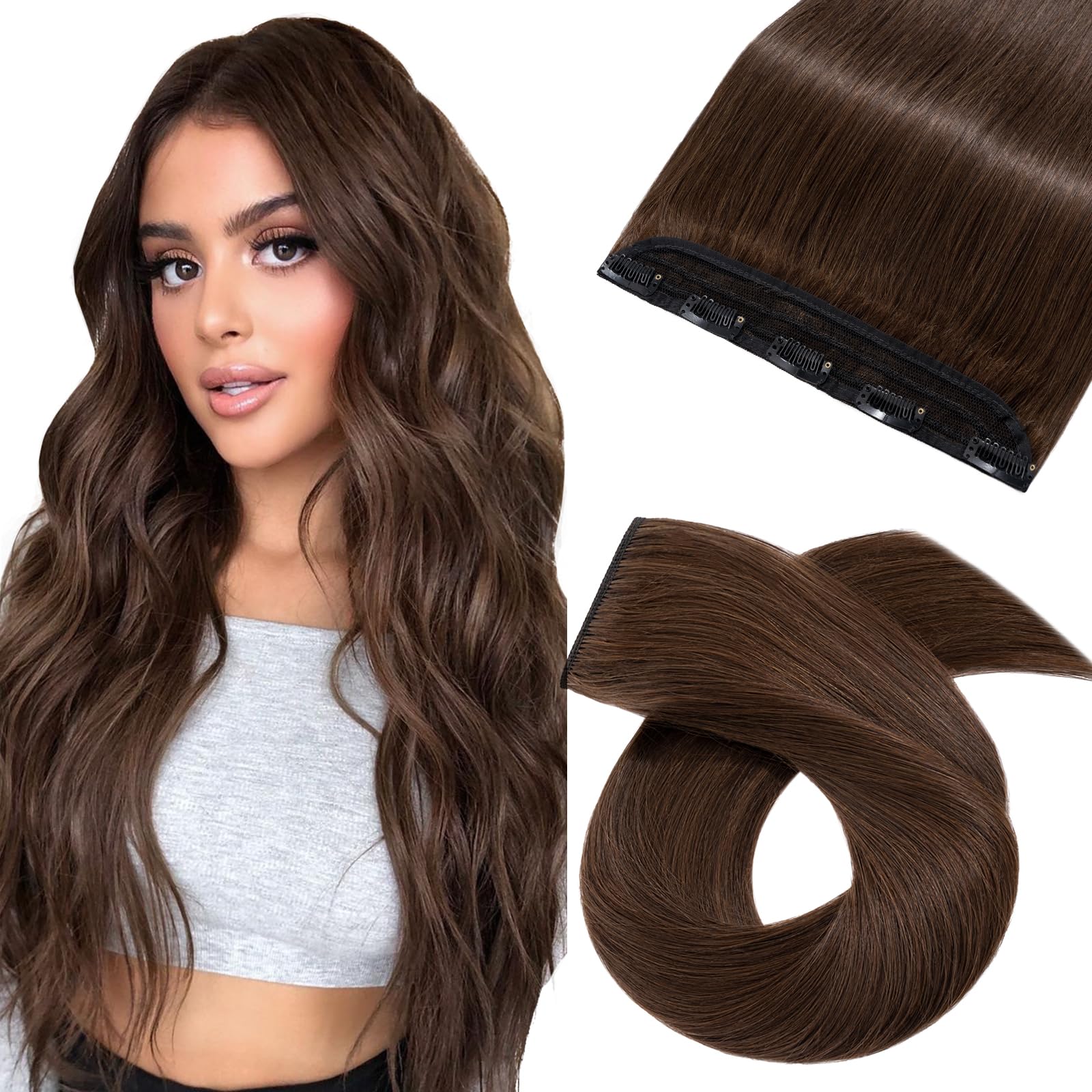 Silk-co Clip in Remy Hair Extensions 18inch 100% Real Human Hair One Piece Clip on Hair Extensions Seamless 3/4 Half Head Natural Straight(18inch-50g, #04 Medium Brown)