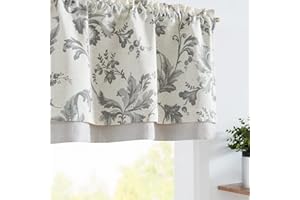 jinchan Linen Valance Curtain Farmhouse Window Decor Gray Floral Print Valance for Kitchen Living Room Double Layer Blackout Valance 16 Inches Rustic Window Treatment 1 Panel Rod Pocket Grey on Beige