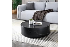 WILLIAMSPACE 39.37" Round Black Coffee Table with Marble Texture, Modern Drum Circle Fiberglass Coffee Table Side Table End Table for Living Room, ø35.43"*11.81"H (Black-Low Coffee Table)