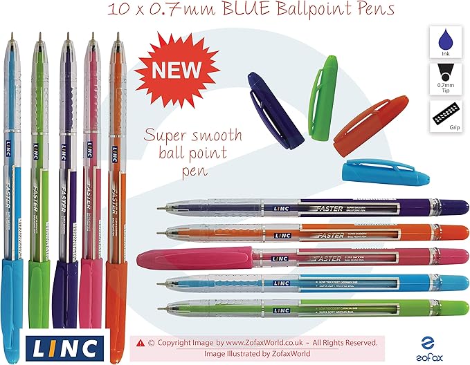 10 x 0.7mm LINC Faster Ball Pen BLUE Super Smooth Ballpoint Pens