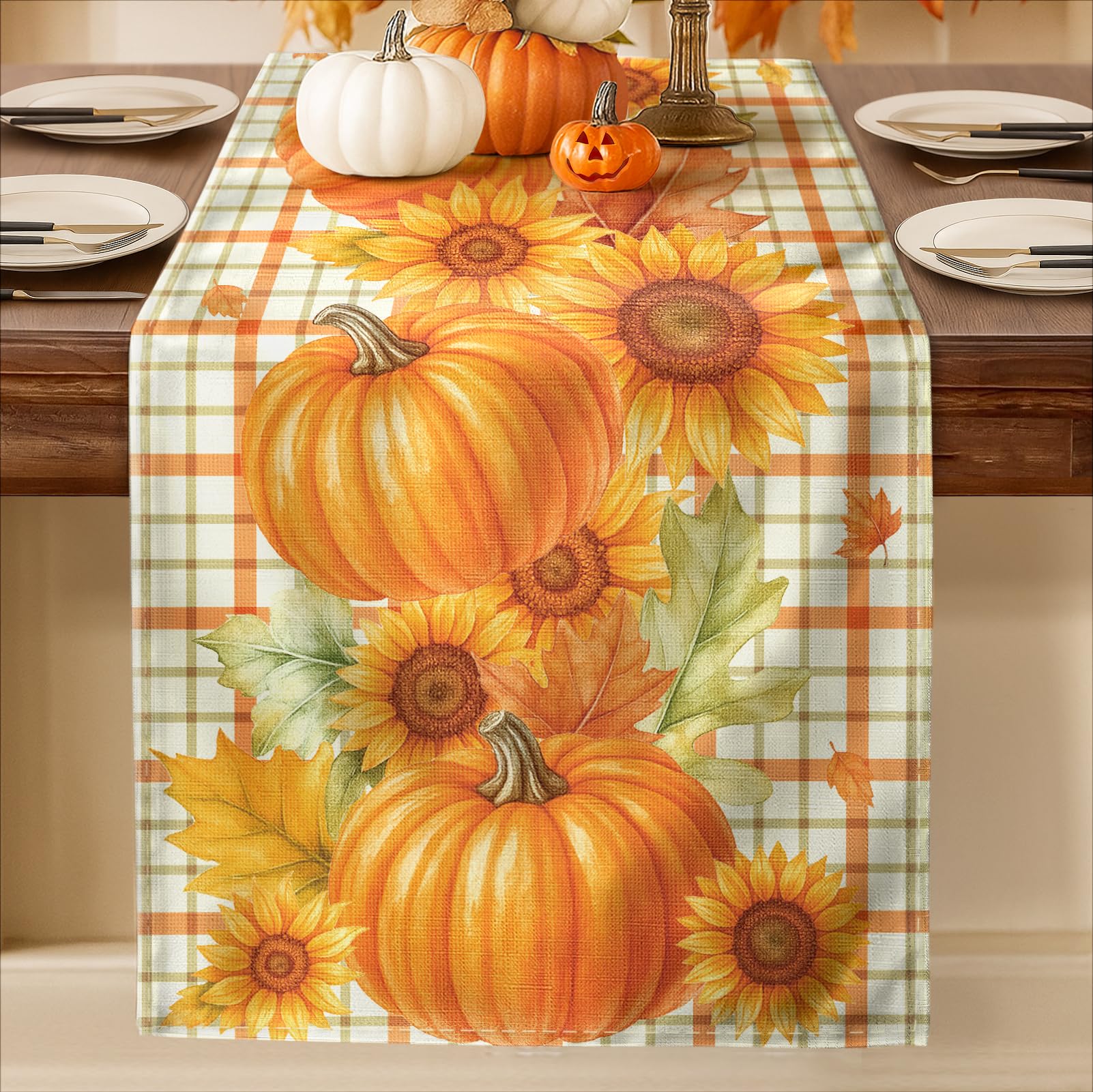 Photo 1 of *2 pack* Miss Adola Pumpkin Sunflower Fall Table Runner - 13"×72" Plaid Thanksgiving Table Runner for Fall Decor, Seasonal Harvest Autumn Thanksgiving Decorations for Home, Dining Room, Kitchen, Parties
