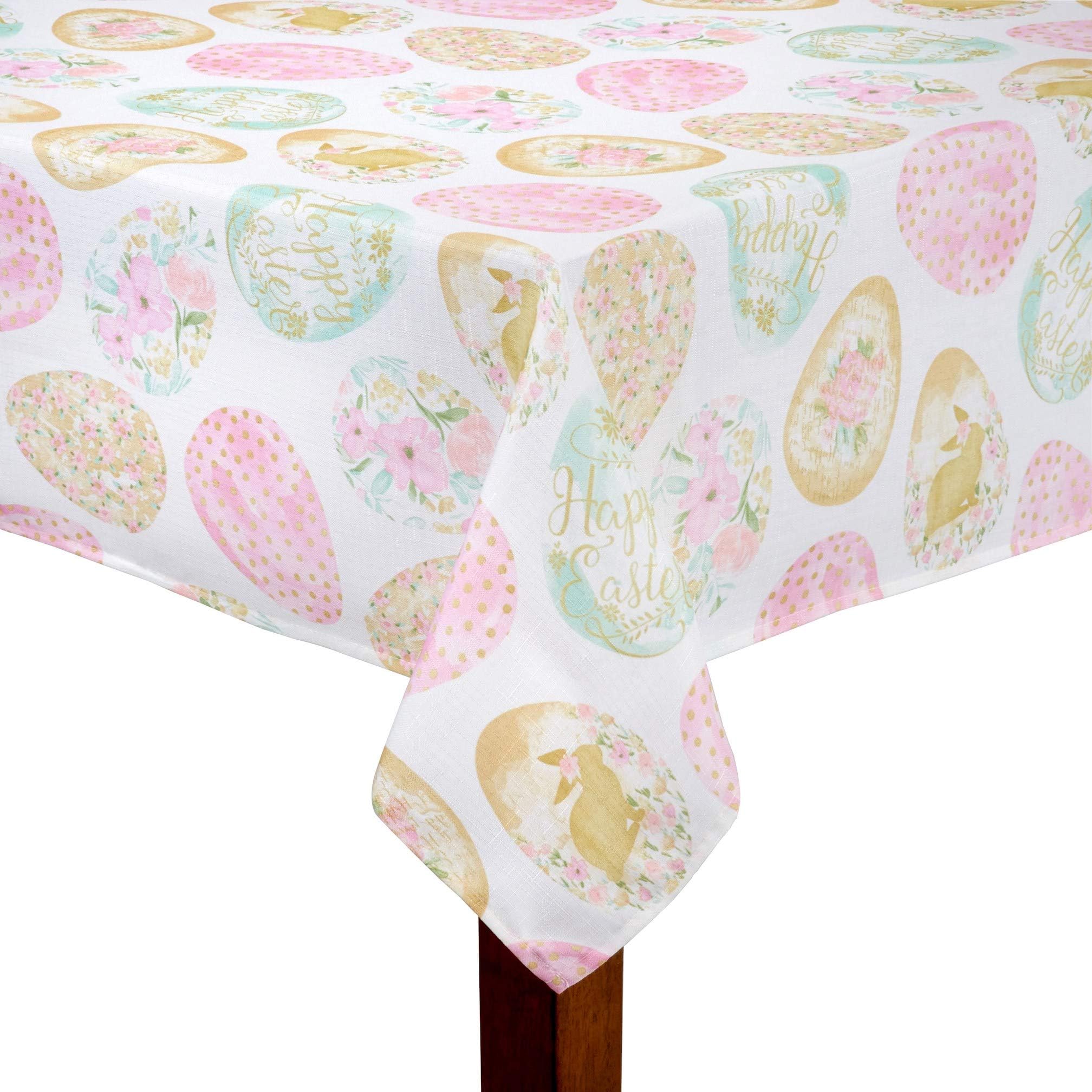 Easter Egg Delight White & Pastel Print Polyester Fabric Tablecloth (60" x 102" Rectangle/Oblong)