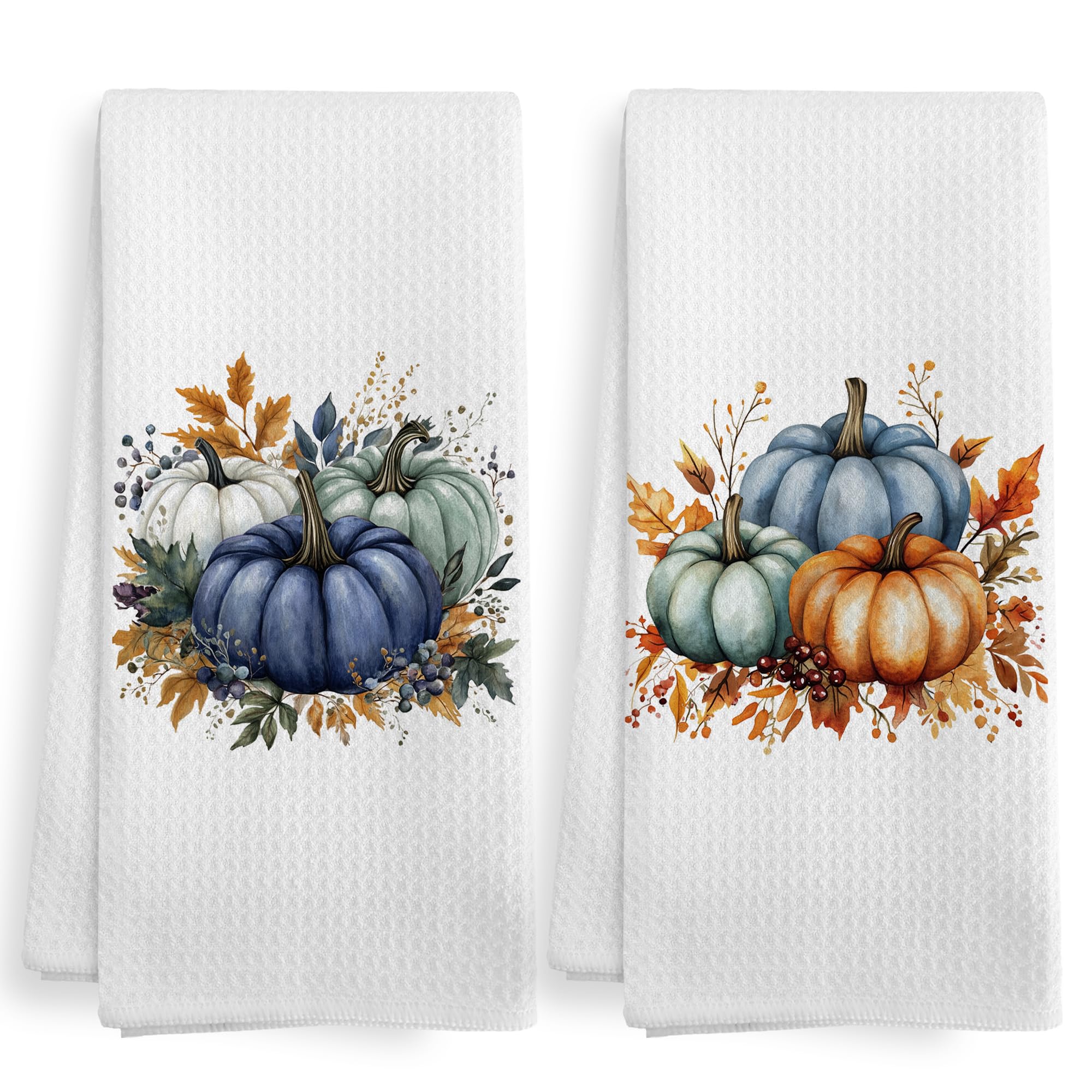 Photo 1 of ***ONLY ONE*** XNXLDYLH Fall Autumn Pumpkin Kitchen Towels and Dishcloths Sets of 2, Fall Thanksgiving Green Blue Pumpkin Dish Hand Tea Towels Gift for Bathroom Kitchen, Rustic Cottagecore Fall Harvest Decor,16x24In