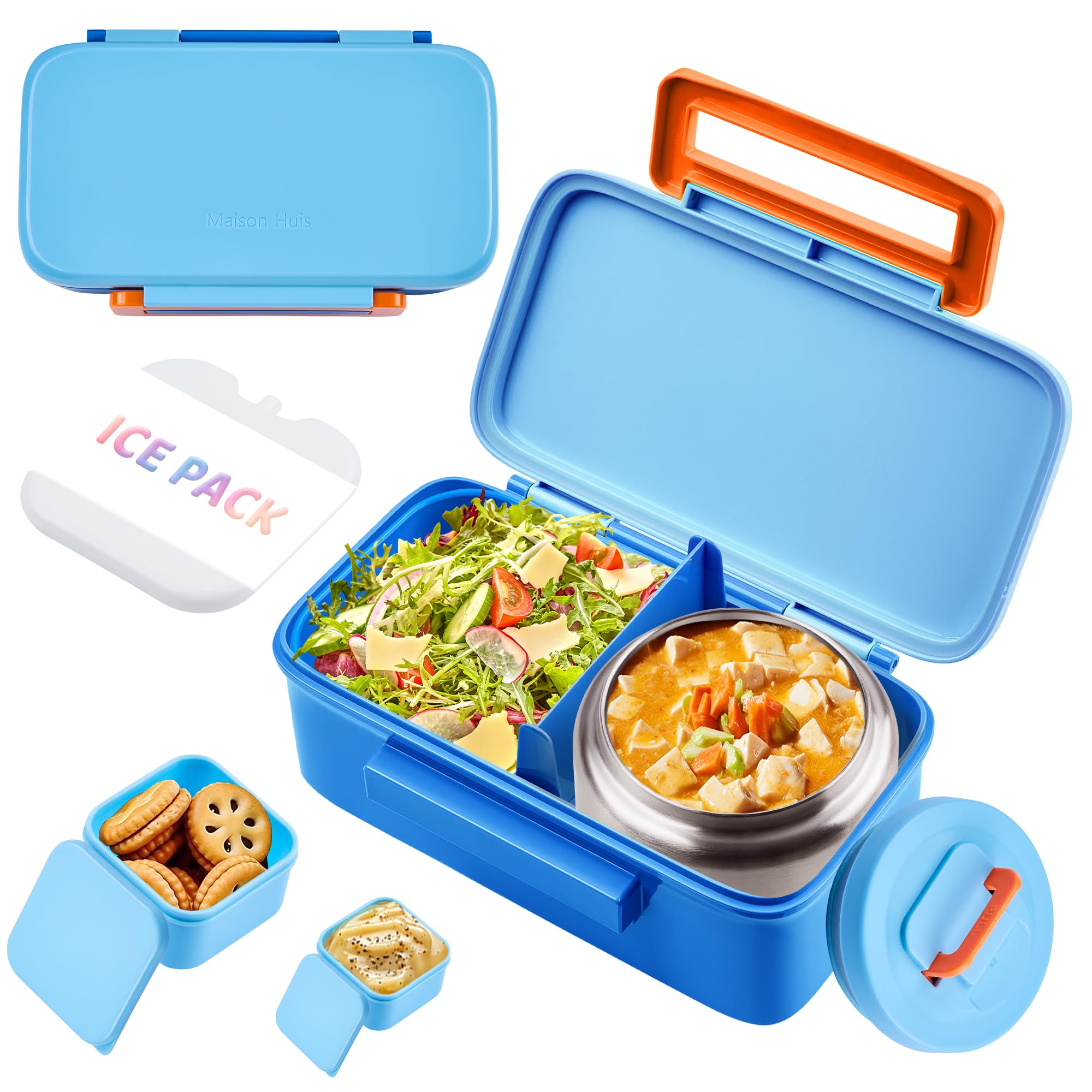 Photo 1 of MAISON HUIS Kids Lunch Box with Thermo, Leakproof Bento Box with 8oz Insulated Food Jar, 2 Compartment Container for Back to School Toddler Girls Boys (Blue)