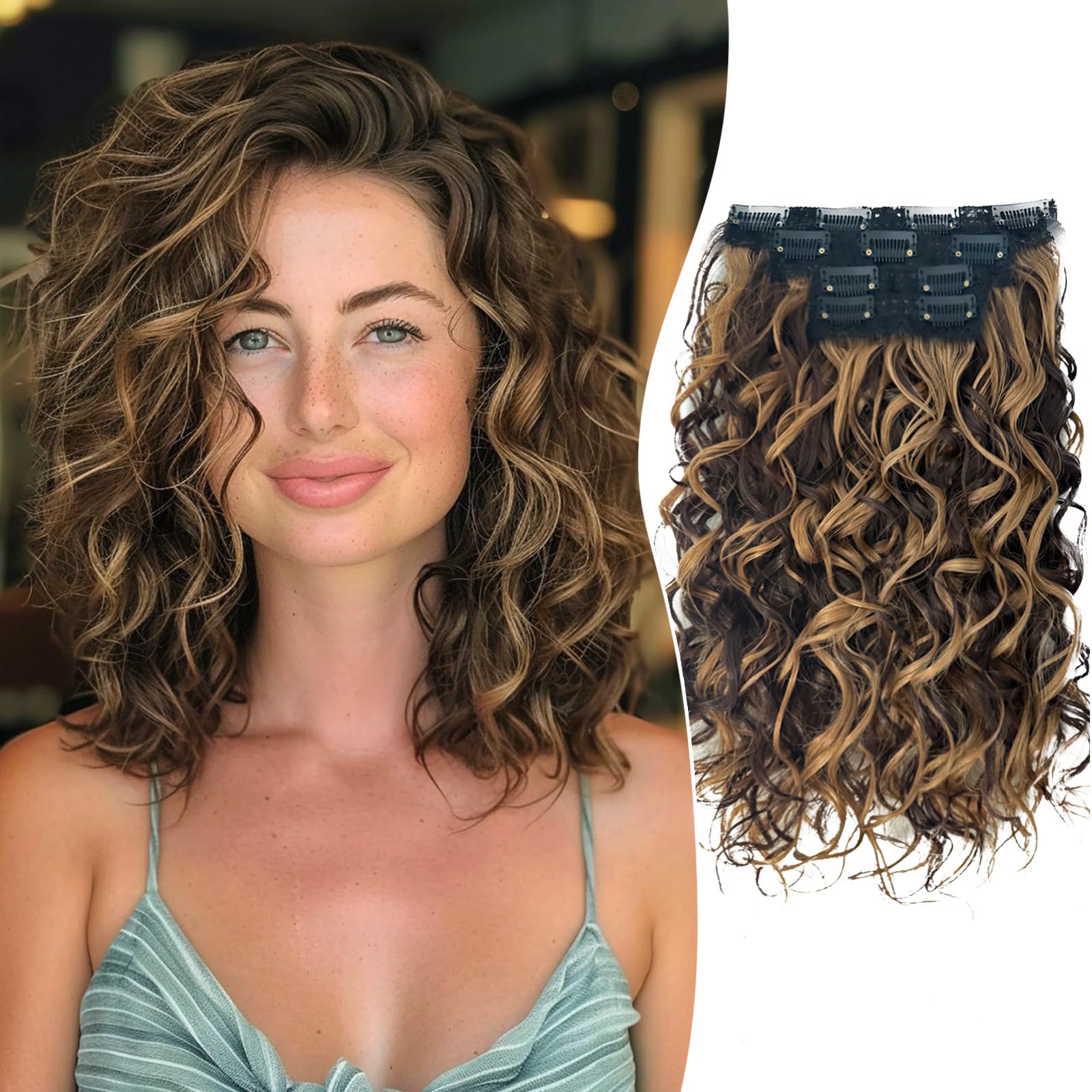 Photo 1 of Aisaide Clip in Hair Extensions, 4PCS 12 inch Curly Hair Extensions Short Soft Natural Hairpiece Lace Weft Curly Wave Clip Ins Extensions Invisible for Women,Chocolate Brown with Light Honey Blonde