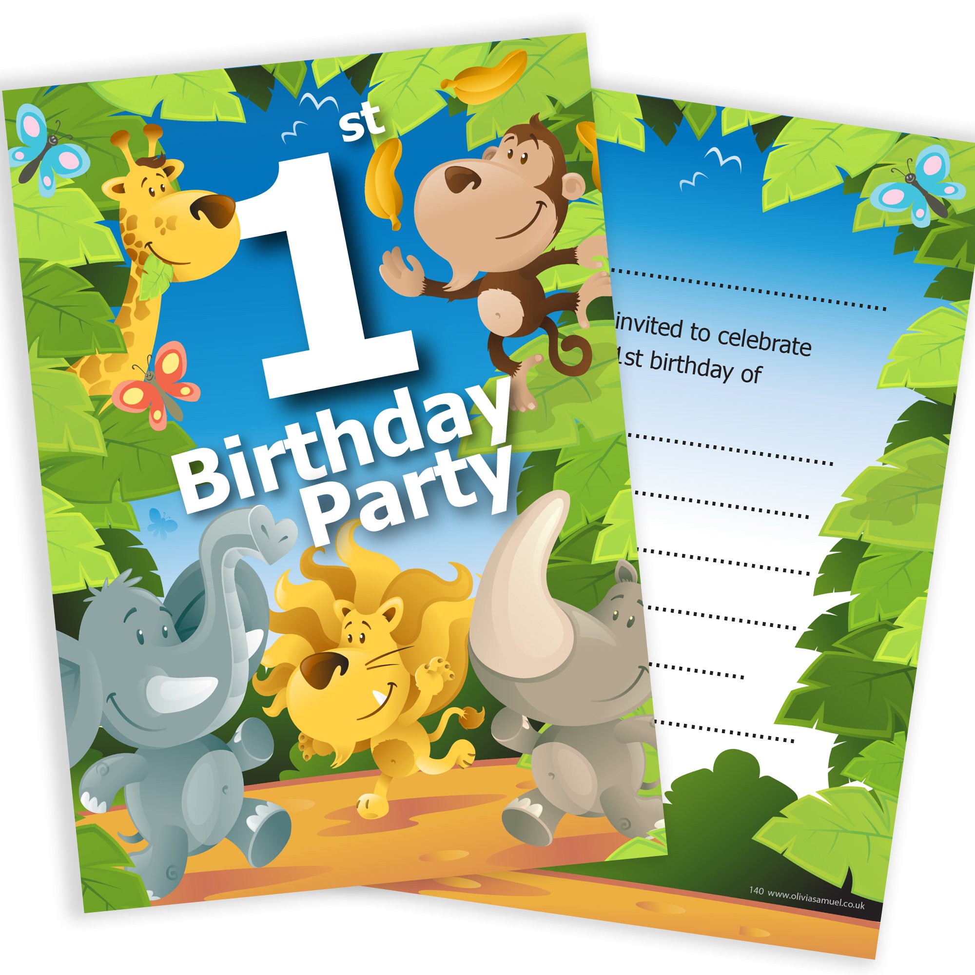 Olivia Samuel 20 x 1st Birthday Party Jungle Themed Animal Invitations from Ready to Write with Envelopes