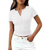 PRETTYGARDEN Womens Summer Short Sleeve Tops 2026 Spring Basic Tees V Neck Button Up Henley T Shirts Fitted Ribbed Blouses