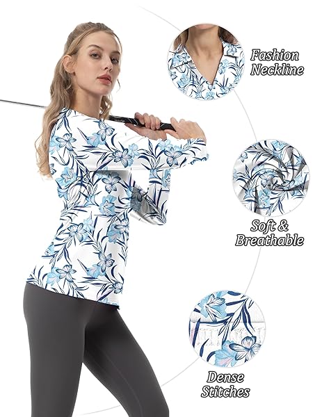 FKEEP WOMEN’S TENNIS GOLF SHIRT LONG SLEEVED TOP SPORT ACTIVEWEAR V-NECK WORKOUT ATHLETIC (BLUE FLOWERS, XL)