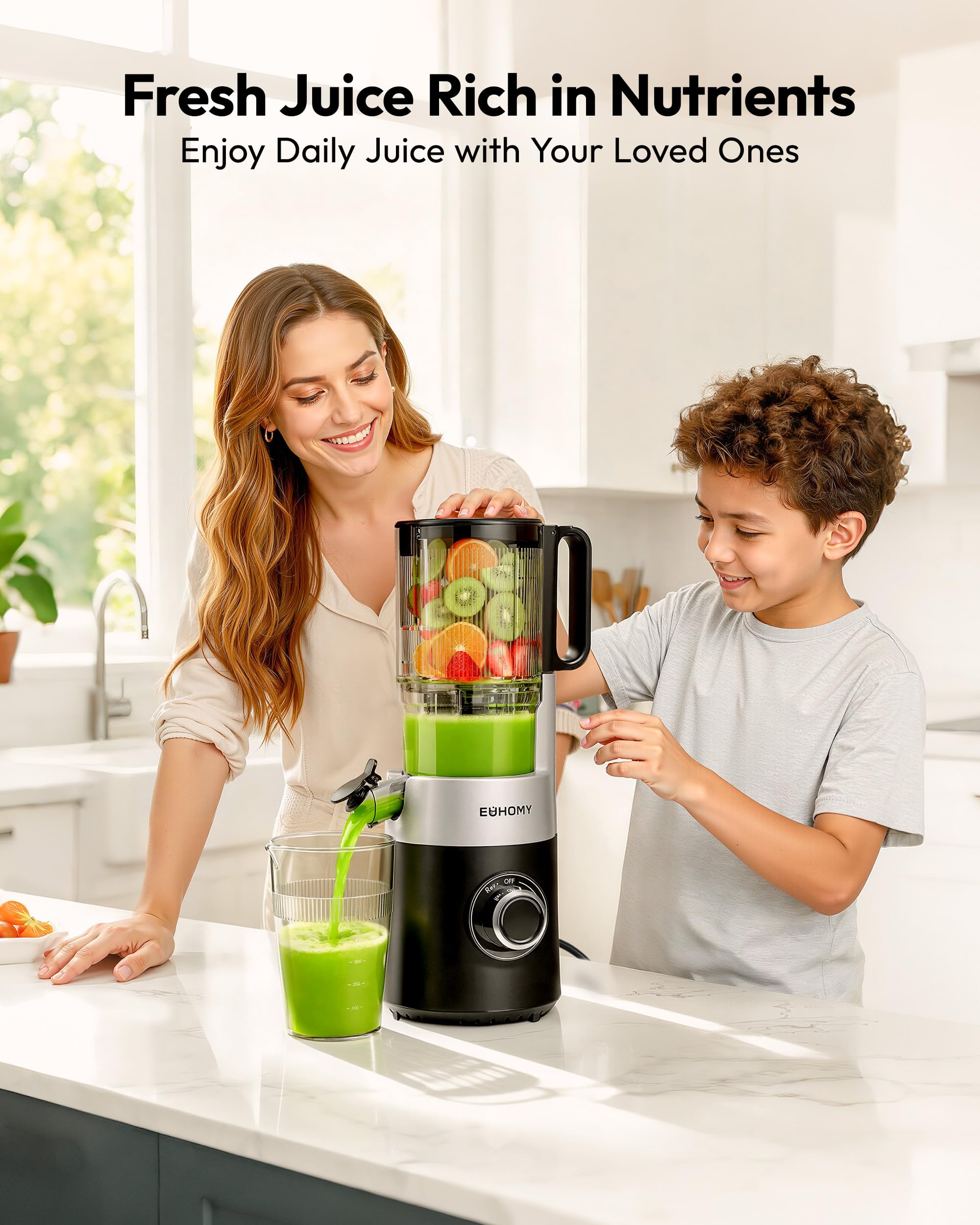 EUHOMY Cold Press Juicer Machines, 135mm&1.8L Feeding Chute for Whole Fruits and Vegetables-Liberate Your Hands, 220W Slow Masticating Juicer with Auto-cutting Auger, Safety Lock