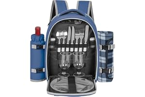 ITHWIU Picnic Backpack for 2 Persons with Insulated Leakproof Cooler Compartment, Cutlery Sets, Wine Holder, Fleece Blanket, Wedding Gifts for Couples, Perfect for Beach, Camping, Hiking, Blue