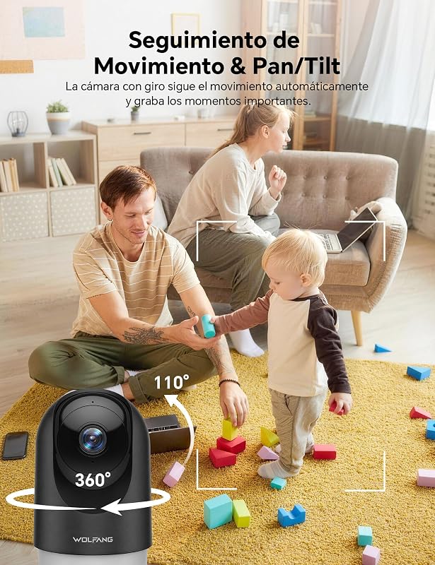 Câmara de vigilância interior 2K, WiFi doméstico 360° PTZ com rastreio, visão noturna e áudio bidirecional, câmara de vigilância para cães, compatível com Alexa, sem taxas