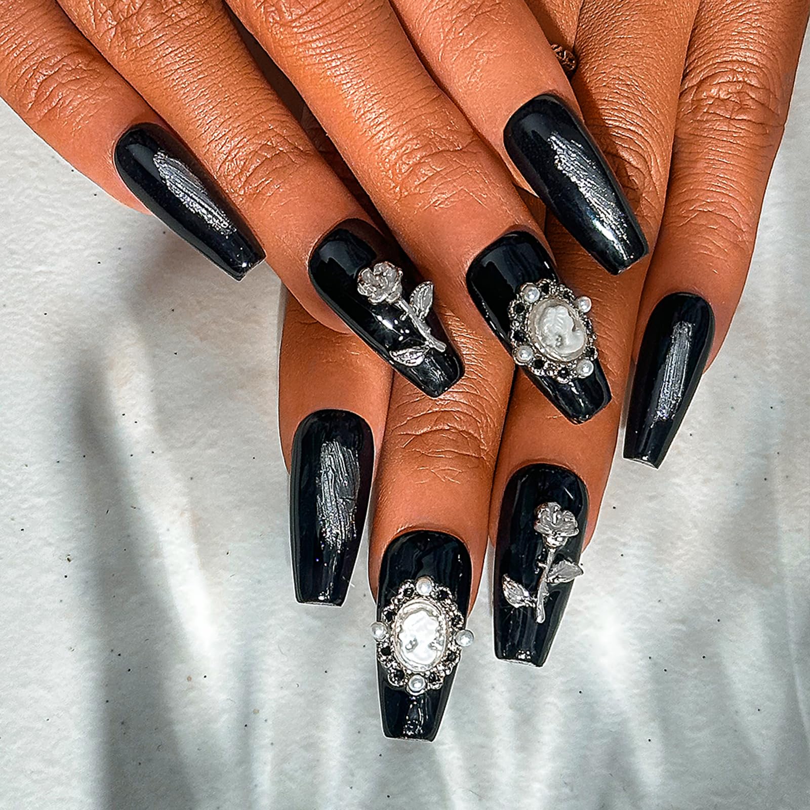 Sethexy Long Coffin False Nails Handmade French Gradient Press On Nails Hand-painted Glossy Acrylic Fake Nails Checkerboard Salon Quality Nail Art Removable for Women and Girls(T)