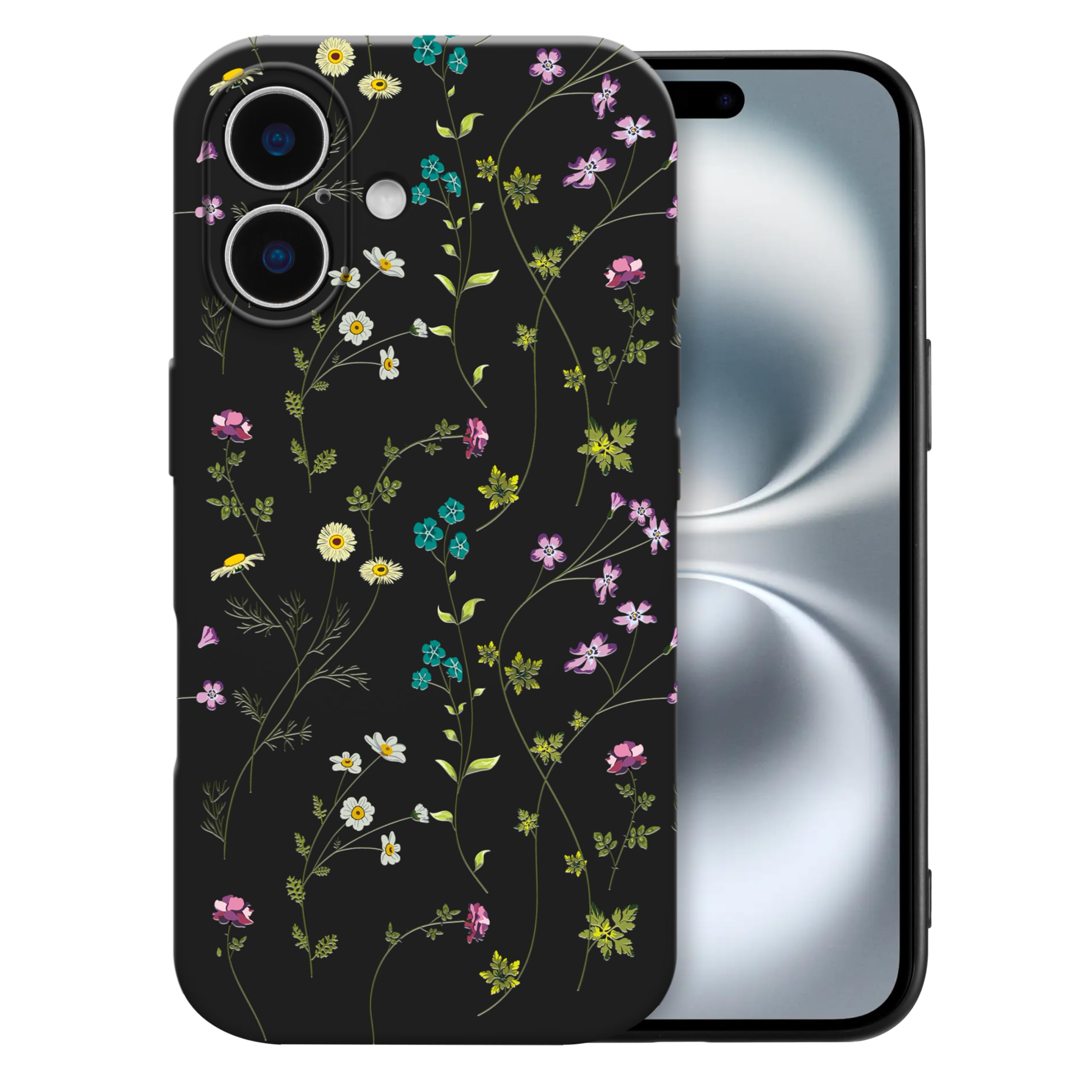 RALEAVO Flower Case for iPhone 16, Liquid Silicone Shockproof Protection Case Cover for Girls Women with Aesthetic Cute Floral Patterns Soft Slim Phone Case for iPhone 16 6.1"-Black