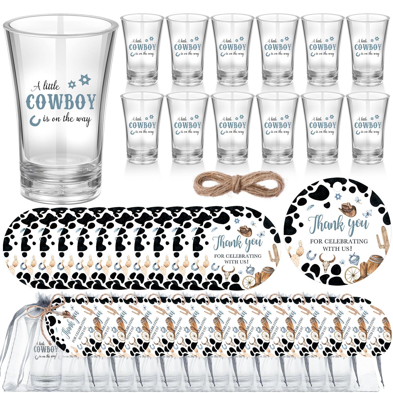 Photo 1 of Funnymoom 50 Sets Cowboy Baby Shower Favors for Guest A Little Cowboy is on the Way Acrylic Clear Shot Glasses Thank You Cards and Twine Organza Bags for Western Baby Shower Birthday Party Decorations