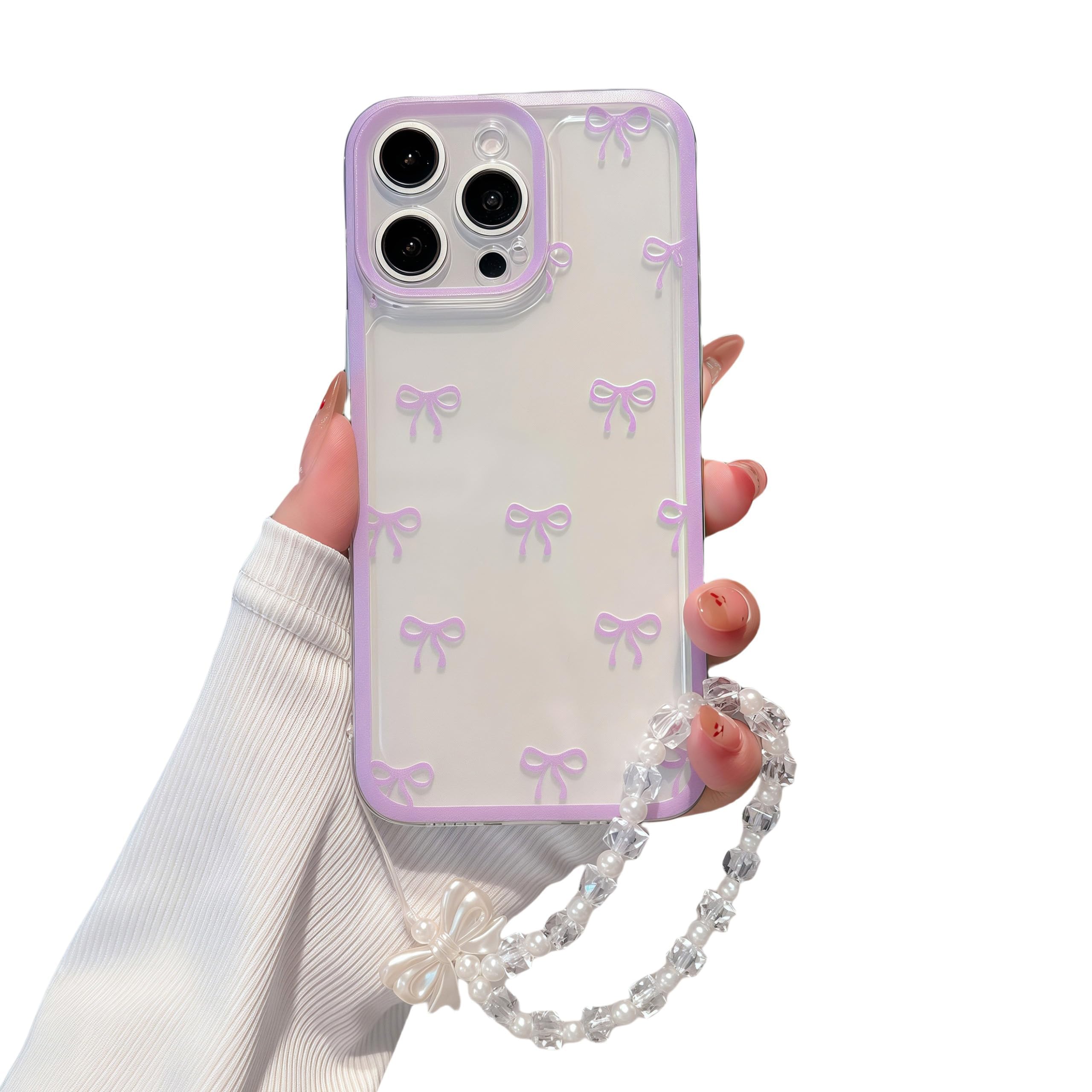 Photo 1 of Pretaco for iPhone 12 Pro Case, [2-in-1 with Clear Beads Pearl Beaded Wristlet Bracelet] Cute Purple Bow Print, Suitable for Women & Girls