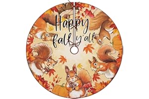 Fzbali Happy Fall Y'all Squirrel Christmas Tree Skirt 48 Inches Lace-up Maple Leaves Pumpkin Tree Skirt, Autumn Holiday Party Indoor Decoration Seasonal Home Decor