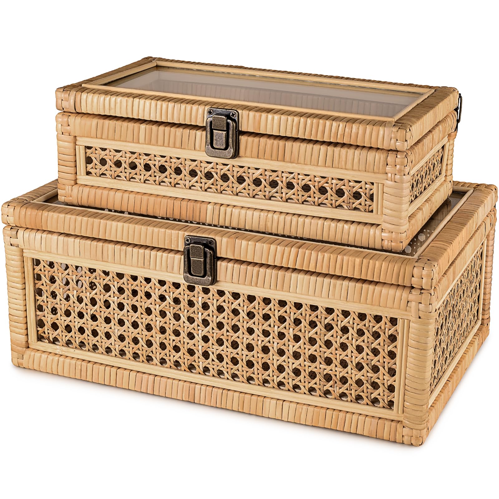 Photo 1 of Negom Large Decorative Box Lid Display, Large Keepsake Memory Storage Box, Decorative Box Hinged Lid Woven Rattan Jewelry Box with Glass Boho Vintage Decor Craft Organizer. Rattan