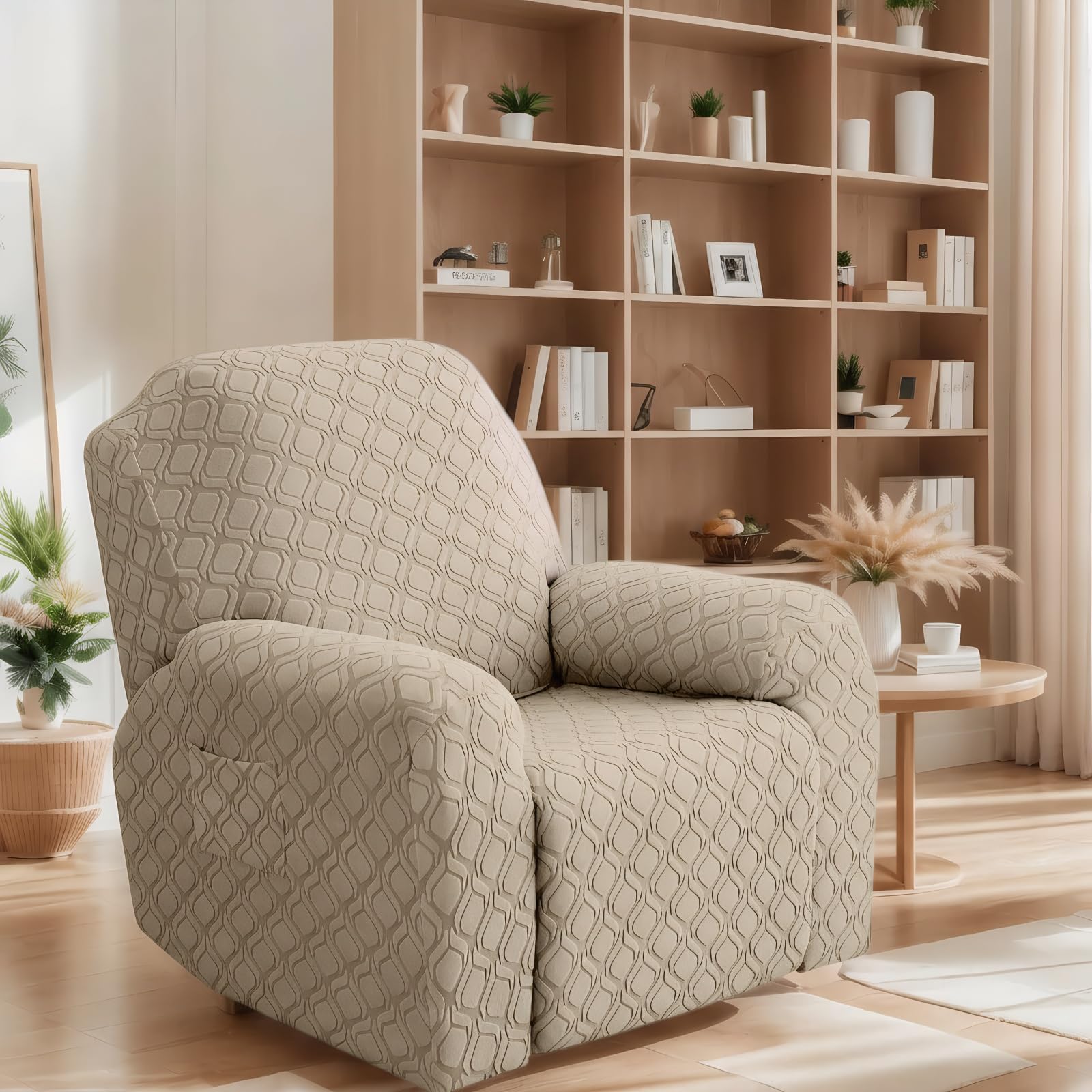 OKUYUK Recliner Chair Cover, 4-Pieces Stretch Recliner Covers for Recliner Chair Soft Reclining Chair Slipcover Furniture Protector for Dogs Cats (Taupe, 1 Seater)