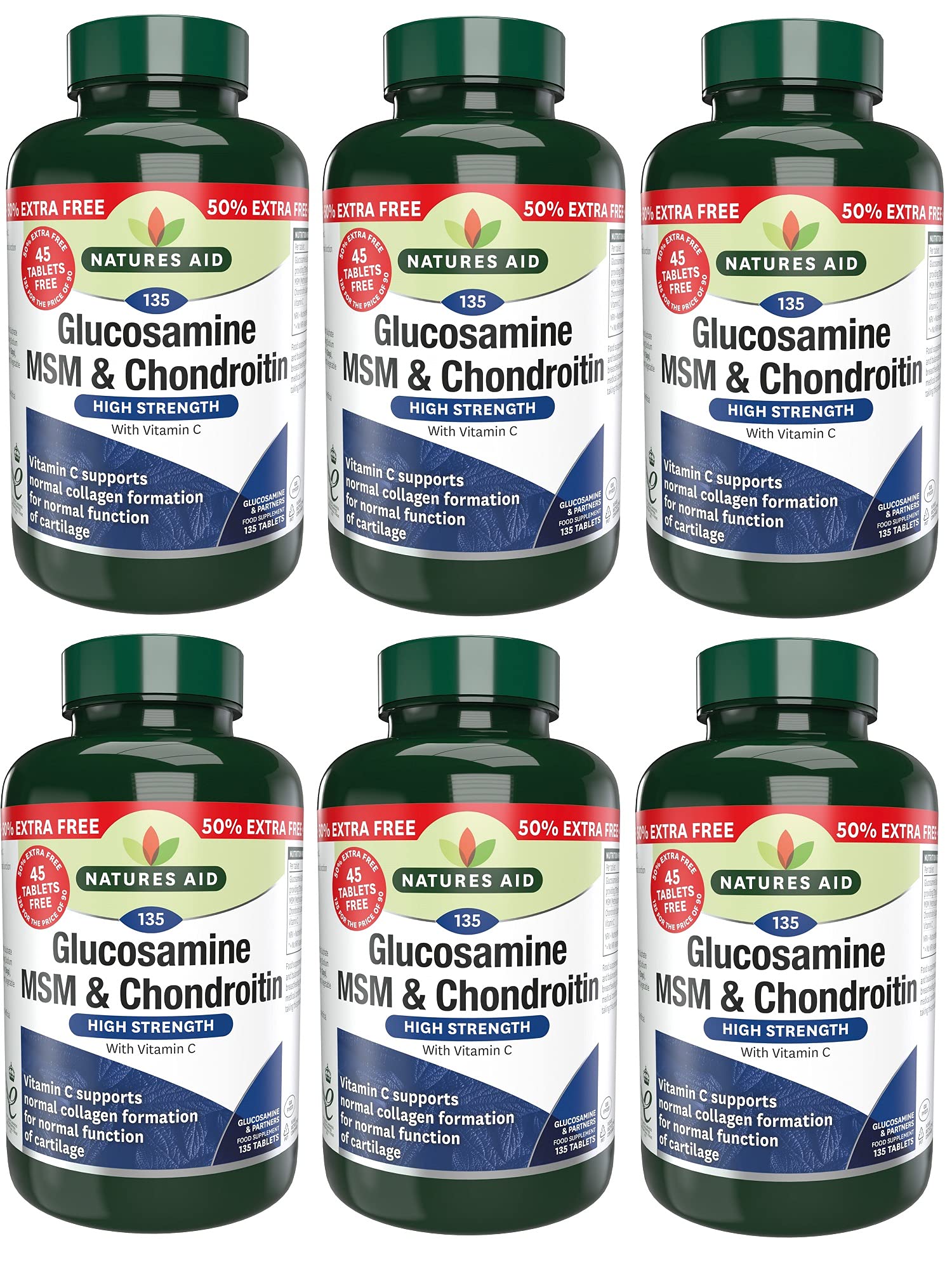 Natures Aid Glucosamine MSM & Chondroitin 135 Tablets (90 Tablets Plus 45) (Pack of 6)