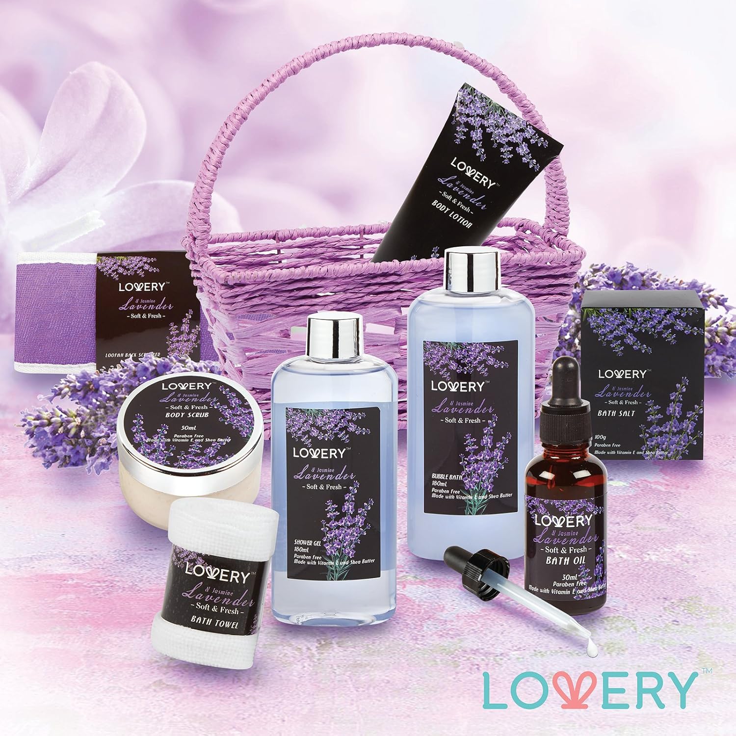 Home Spa Gift Basket, 9 Piece Bath & Body Set for Women and Men, Lavender & Jasmine Scent - Contains Shower Gel, Bubble Bath, Body Lotion, Bath Salt, Scrub, Massage Oil, Loofah & Basket: Baby