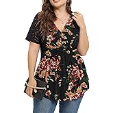 TIANZHU Women Plus Size Top Short Sleeve Wrap Lace Dressy Shirt Sexy Low Cut Babydoll Blouses