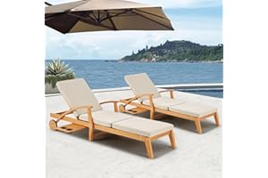 HOMREST Wood Chaise Lounge Chair Outdoor Set of 2, Patio Chaise Lounger Recliner with Slide-Out Side Table, Adjustable Backrest, Wheels, Foam-Padded Cushion for Backyard, Garden, Poolside (Beige)