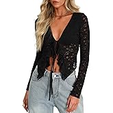 AGECODE Women's Sexy Open Front Tie Long Sleeve Ruffle Trim Sheer Mesh Lace Crop Tops Blouses